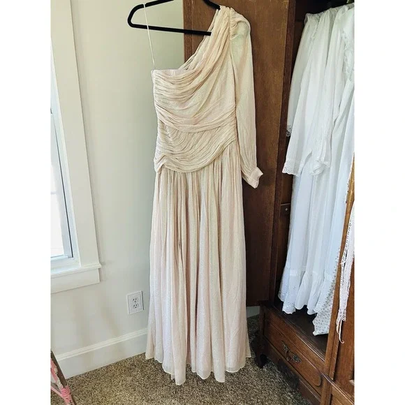 BHLDN One-Shoulder Maxi Dress Formal Gown Ruched Pink‎ Sparkle Size 4 - Picture 4 of 11